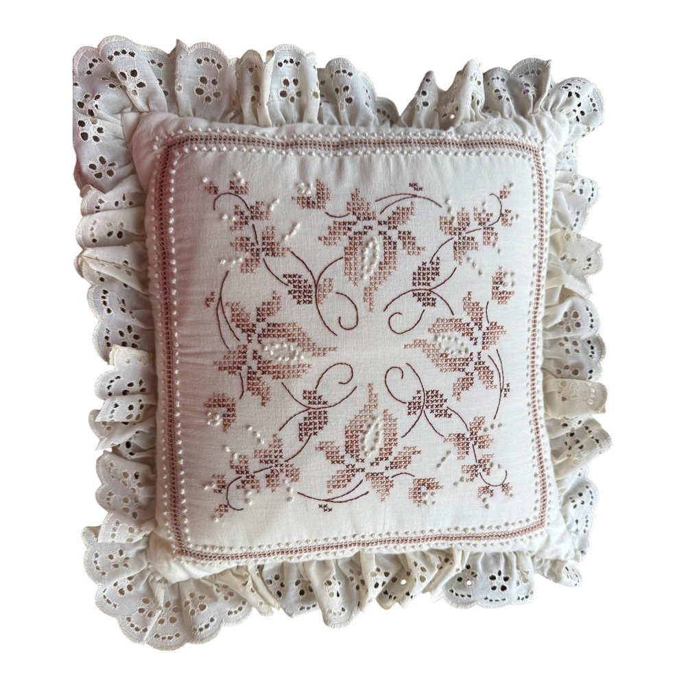 Vintage Handmade Redwork Cross Stitch Eyelet Lace Ruffle Pillow Cottagecore 15"
